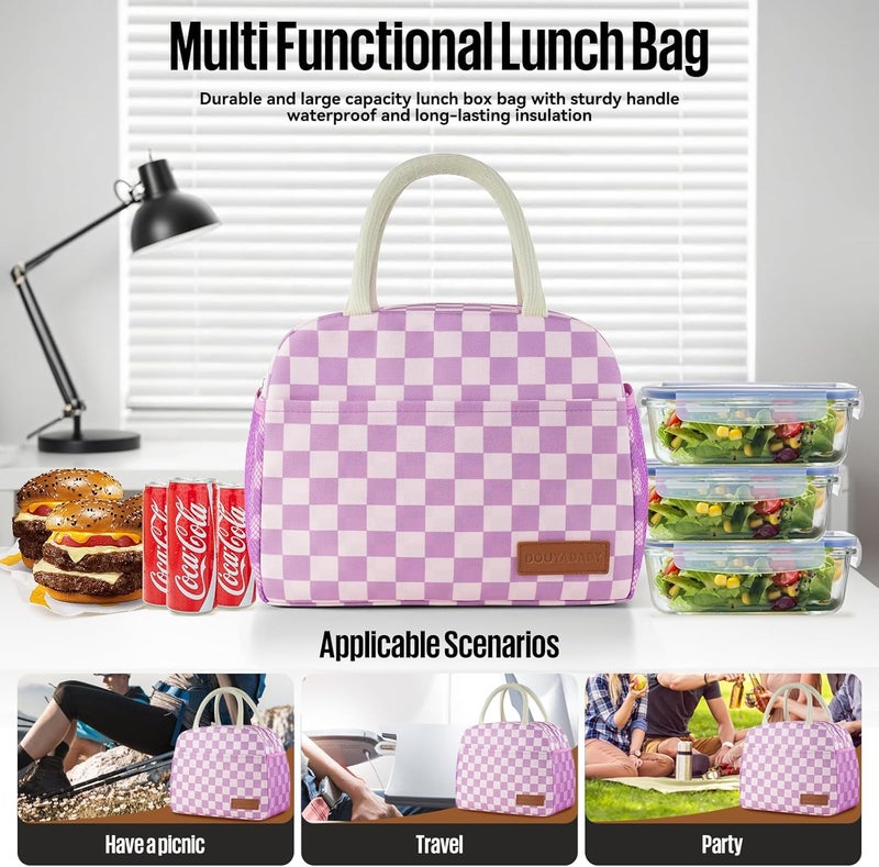 douyadady Lunch Bag Women/Men Lunch Box Women/Men (Purple+Pink Checkerboard) - Image 3